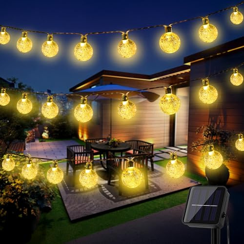 LuJasi Solar Lichterkette Aussen, 18M 100LED Lichterkette Außen Solar IP65 Wasserdicht, 8 Modi Kristall Kugeln, Solarlichterkette Outdoor für Balkon, Garten, Terrasse, Hochzeit, Party (Warmweiß)