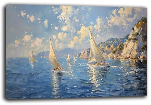 Quadro Moderno MARE Barche a vela Quadri moderni soggiorno da Parete XXL grande Stampa su tela Canvas Decorazione Murale muro Salone Arredo Camera da letto Cucina (9, 50x100 cm, Canvas intelaiato)