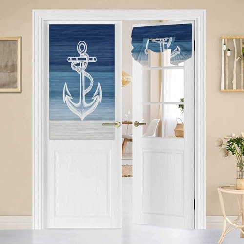 FortuneHouse8 Door Curtains Nautical Anchor Ocean Window Curtains for Patio French Door Ombre Blue Wave French Door Privacy Thermal Sidelight Curtain Tie Up Shade 26 x 42 Inches
