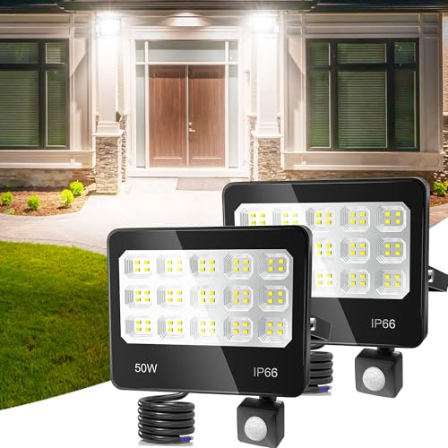 ANNIFUNLY Projecteur Led Extérieur Detecteur de Mouvement, 2 Pièces 50W 5000LM IP66 Etanche Éclairage d'extérieur, 6500K Projecteur Led avec Détecteur Lampe de Sécurité pour Garage, Cour, Jardin | Blanc Froid Eclairage Exterieur,IP67 Etanche Spot LED Avec Détecteur,Lampe Exterieur pour Terrasse Garage Jardin