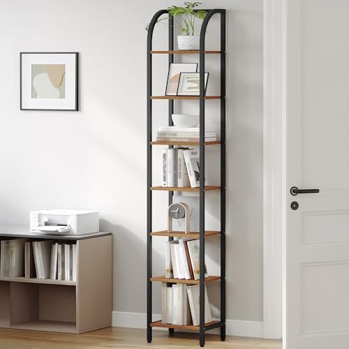 Hzuaneri Bookshelf Narrow Bookcase, Tall Storage Rack with Steel Frame, Display Standing Shelf Unit, Skinny Book Shelf for Study Living Room, Home Office, Industrial, 7-Tier Rustic Brown BC57701B