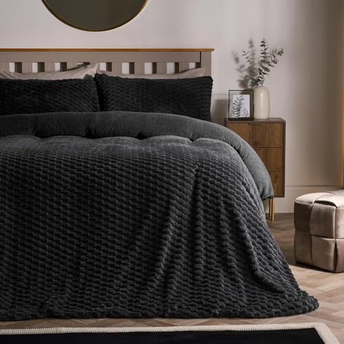OHS Double Fleece Duvet Cover, Autumn Winter Luxury Waffle Fleece Duvet Set Super Soft Cosy Warm Sherpa Reversible Double Bedding Set with Matching Pillowcases, Charcoal Grey