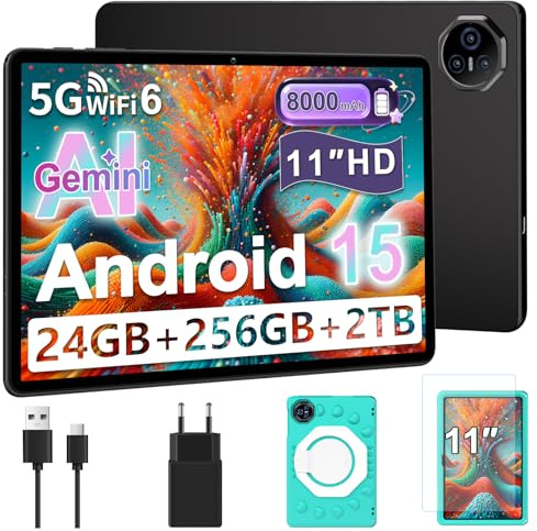 Dghrti Tablette 11 Pouces Android 15, 24Go+256Go/2To, Octa-Core, Gemini AI/Widevine L1, 8000 mAh, 13MP+5MP, Boîtier Métallique, Grande Tablette avec EVA Silicone É‌tui Protection-Vert