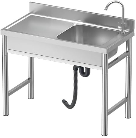 Stainless Steel Kitchen Sink, Single Bowl Commercial Sink with Workbench and Drainer Unit for Outdoor Indoor Restaurant(100x50x75cm)