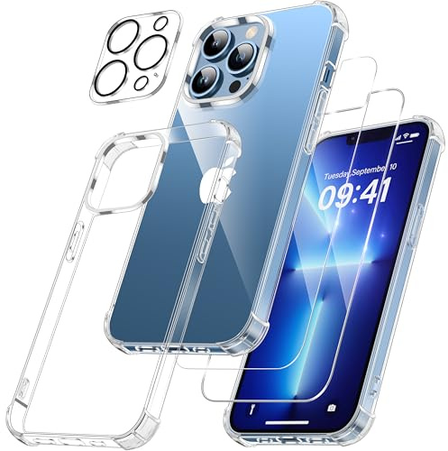 FLLAO 4 en 1 Funda para iPhone 13 Pro con 2 Protector Pantalla y 1 Protector Lente Cámara, [Almohadilla de Aire integrada] Antigolpes Antiarañazos Carcasa 6,1 Pulgadas, Transparente