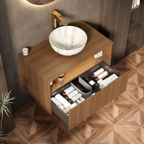 Bladez 80cm Hängewaschtisch mit LED Sensor-Beleuchtung & Keramikbecken, Badezimmerschrank mit Schublade & Regal, Steinmuster-Oberfläche, Waschtisch mit Unterschrank (Holz, 80cm)