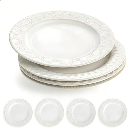 Hoilse Ceramic Dessert Plates Set of 4, 20cm Embossed White Serving Plates for Appetizers, Snacks, Small Dinner & Bread Plates, Dishwasher & Microwave Safe - 4 Patterns