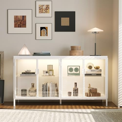 Caldion Vitrine mit LED-Beleuchtung Vitrine mit 4 Glastüren Pop-Up-Design Glasvitrine mit 2 Einlegeböden Schrank aus Weiß Glas Bücherregal für Wohnzimmer Hartglas 140 x 40 x 75 cm