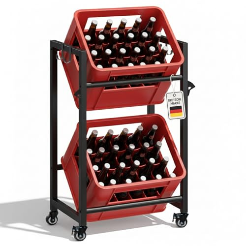 Roxlin Getränkekistenregal für 3/6 Kisten – Schwerlastregal aus Metall für Bier- & Wasserkisten – Getränkeregal mit Ablage – Tragkraft 600 kg – Küche Keller Vorratsraum (2 Kisten auf Rollen)