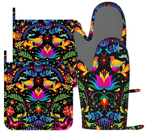 Oven Mitts and Pot Holders Sets of 4, Mexican Floral Silicone Oven Gloves Heat Resistant, Non-Slip BBQ Gloves for Kitchen Cooking Baking Grilling Microwave