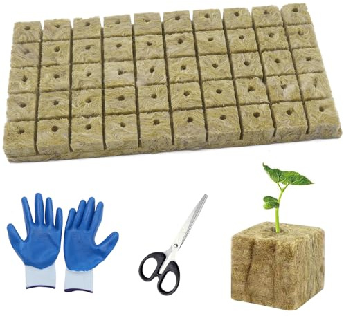 YIGOOWN Juego de lana de roca, aislamiento de lana de roca, 2,5 x 2,5 x 2,5 cm, hidroponía con guantes/tijeras, lana de roca natural para esquejes, cultivo sin suelo, trasplante hidropónico (50