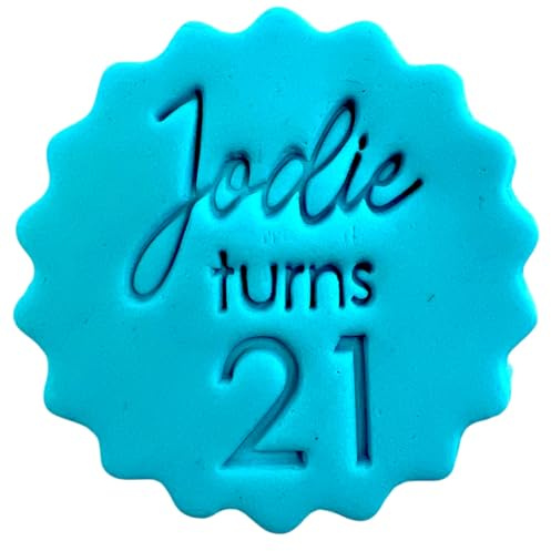 Personalised Cookie Stamp with Free Scallop Cutter, Birthday Name Age, 5cm Acrylic Biscuit Embosser, Food-Safe Plastic Baking Tool, Fits M&S All Butter Biscuits (Design 24)