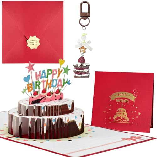 FAYAHAR Tarjeta Cumpleaños, 3D Postal Cumpleaños, Tarjeta Pop Up Pastel | Tarjeta de Cumpleaños, con Sobre y Llavero de Pastel, Fácil de Abrir y Doblar, Efecto Sorpresa al Abrir, para Niños Adultos