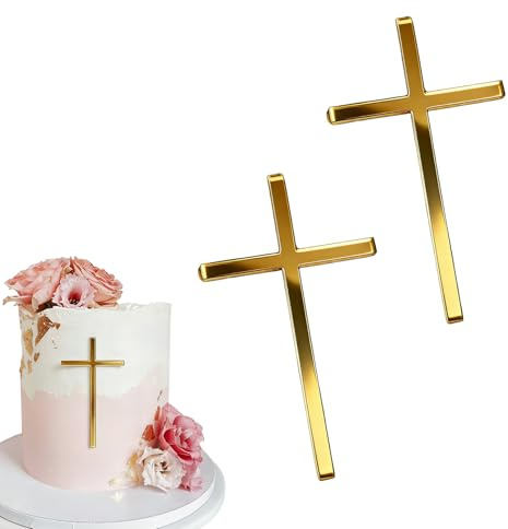 Lokxmve 2 piezas Cake Topper Comunión Decoración Cruz Oro Acrílico Cruz Decoración para Bautizo Comunión Confirmación Boda