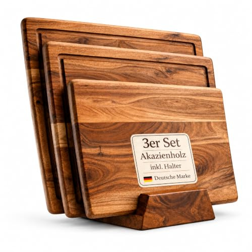 Plogis Schneidebrett Holz Set (3er) aus Akazienholz (40x33 / 35x28 / 28x20 cm) - Schneidebretter für die Küche mit Ständer, Saftrille & Anti-Rutsch Füßen - versiegelt - Holzbrett Küche