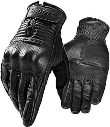 INBIKE Guantes Moto De Piel Cuero 100% con Buen Agarre Y Ventilación, Guantes Motocicleta Vintage con Protecciones Profesional En Los Nudillos(IM805-Negro,M)