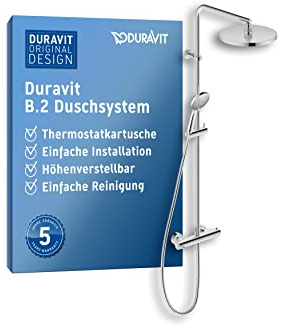 Duravit B.2 Duschsystem (Duschset bestehend aus Brausethermostat, Handbrause, Kopfbrause, Brauseschlauch), Regendusche mit Wandhalterung, Duscharmatur in Chrom