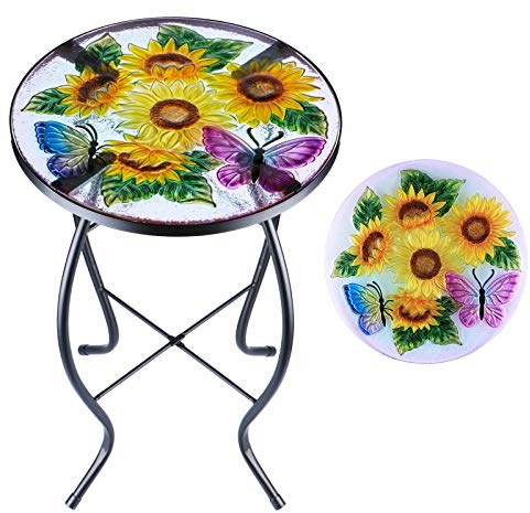 MUMTOP Table d'appoint d'extérieur – Table basse ronde en verre pour patio, patio, jardin, balcon, 35,6 cm (tournesol)