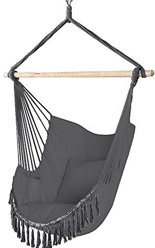 VOUNOT Hanging Chair with Cushion, Macrame Hammock Swing Chair for Bedroom, Balcony, Patio, Garden, Indoor or Outdoor, 265LBS Capacity, Grey