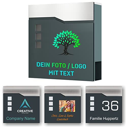 Briefkasten aus Edelstahl - Foto oder Logo uploadbar - mit individueller Beschriftung - anthrazit RAL 7016 pulverbeschichtet - TOP QUALITÄT