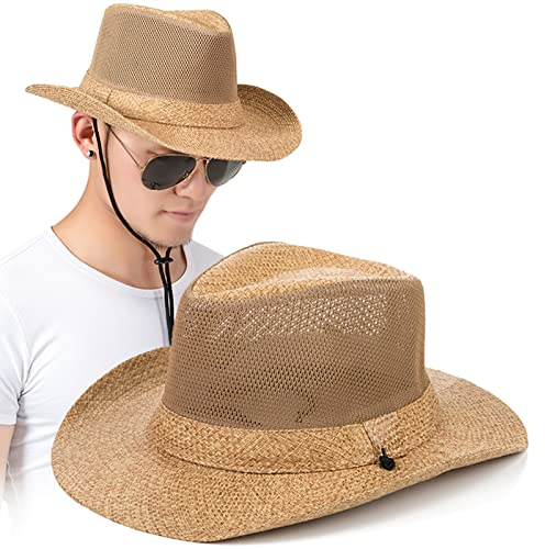 Chapeau Panama en Paille pour Homme, Safari sur la Plage Chapeau de Soleil père à Large Bord Casquette de pêche en Plein air avec Bandeau Anti-Transpiration Jugulaire-Beige