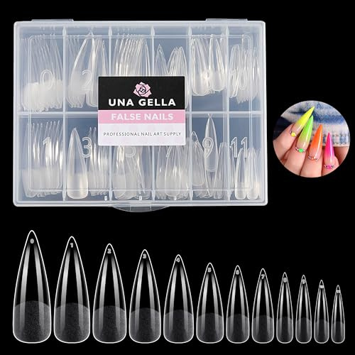UNA GELLA Stiletto XXL Tips für Gelnägel 120 Stück | Extra Lange Full Cover Nagel Tips, Vorgefeilt & Kein Feilen Nötig, Press-On Kunstnägel für Nagelverlängerung & DIY 12 Größen