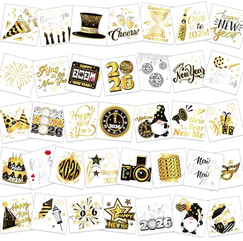 HOWAF 72 Tatouage Nouvel An 2026, Happy New Year Tatouage Ephemere Bonne Année Tatouage Temporaire, Deguisement pour Deco Jour de l'An, Decoration Nouvel An 2026, Or Noir