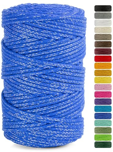 Netuno 1 cordón de macramé Azul Oscuro con Hilos metálicos Plateados 5mm x 100m algodón Natural para macramé Tejido Manualidades decoración Boho Cinta y cordón de Regalo Ideal para Navidad