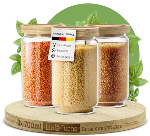 ElbFuchs® Juego de tarros de almacenamiento con tapa de 700 ml (3 piezas) de vidrio de borosilicato, tarros de almacenamiento herméticos, tarros de almacenamiento de vidrio para especias y alimentos
