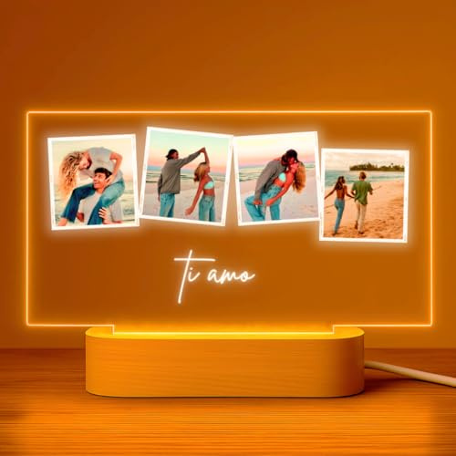 Cristal Plaque Lampara Personalizada con 4 Fotos y Mensaje – Placa Metacrilato con Luz LED y Base Madera USB – Regalo Cumpleaños, Boda y Aniversario
