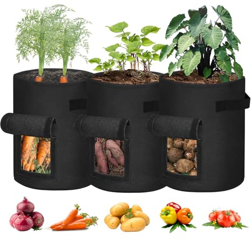 3 Stück 38 L Pflanzsack, Vliesstoff Kartoffel Pflanztasche, Atmungsaktiv Pflanzsack-Griffe & Sichtfenster, Tomaten Kübel, Stofftopf für Gemüse&Früchte&Blumen, Wiederverwendbar Pflanzgefäß, Schwarz