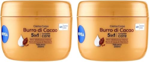 NIVEA Crema Corpo Burro di Cacao 250ml, Crema corpo idratante 48 ore, Crema corpo idratante pelle secca arricchita con Siero Idratazione Intensa, Burro di Cacao & Vitamina E (Confezione da 2)