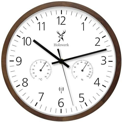 Holzwerk WEGBERG Funkwanduhr Funk Wanduhr mit Temperaturanzeige und Hygrometer Feuchtigkeitsmesser Thermometer Holz-Uhr Funkuhr lautloses Uhrwerk ohne Tickgeräusche Braun Weiß lautlos Massivholz 30 cm