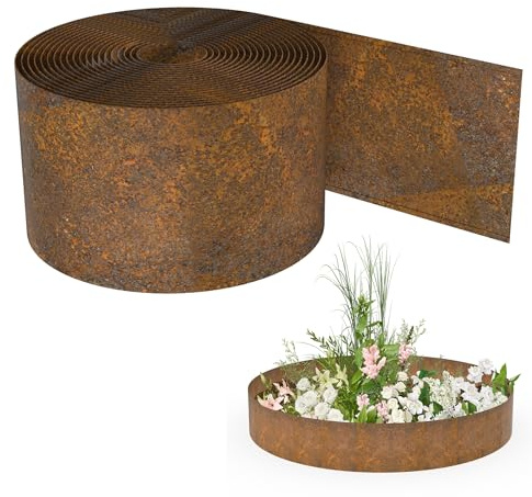 YRHome 10m Rasenkante 14 cm hoch Beeteinfassung mit Rostoptik Flexible Beetumrandung Rostmetall Rasenkante Metall Wetterfest Für Blumenbeete Wege Einfache Montage - Gerade Typ