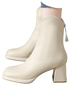 Xbemkste Cowboy Stivaletti da donna con tacco alto con chiusura lampo, in pelle, alla caviglia, alla caviglia, eleganti stivali invernali, beige., 40.5 EU