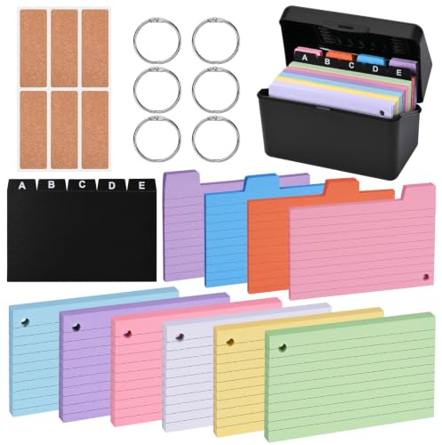 Karteikarten Box 14.5 x 8 x 9cm Karteikasten Set Inkl. 400 A6 Karteikarten | KarteikartenBox für Vokabel Lernen Notizen 5 Register 6 Loseblattring 6 Aufkleber, für Schule, Büro Und Zuhause