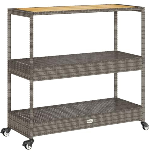 QZZCED Barwagen 3 Böden Grau Poly Rattan und Massivholz Akazie mit Rollen, Servierwagen aus pulverbeschichtetem Stahlgestell, Getränkewagen für Küche, Wohnzimmer, Terrasse