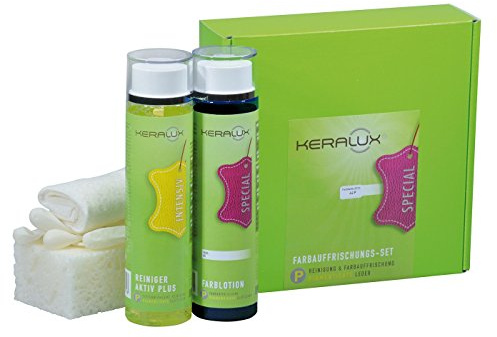 KERALUX Lederpflege Farbauffrischungsset Schwarz für Glattleder | 200 ml Farbe und 200 ml Reiniger, Pigmentiertes Glattleder, Reinigungsschwamm, Pflegetuch und Latex-Handschuh