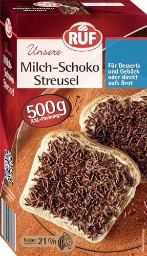 RUF Milch Schoko-Streusel XXL, 500 g Vollmilch Schokolade, aufs Brot, für bunte Plätzchen, Kuchen, Muffins, Pudding & Eis, glutenfrei