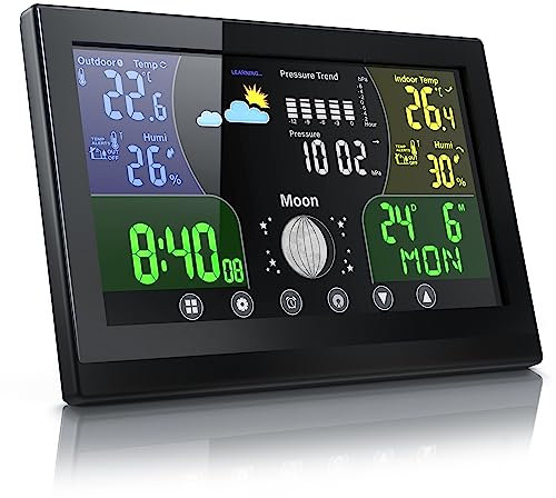 CSL - Funk Wetterstation mit Farbdisplay - inkl. Außensensor - Funkuhr - Innen und Außentemperatur - Luftdruck Höhenkorrektur - Prognosen Wettervorhersage - LCD Display