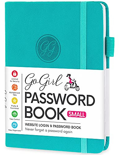 GoGirl Password Book with Alphabetical tabs – Internet Address & Password Keeper Logbook for Password Organization, Journal Notebook for Saving Website Logins. Small Size 11 x 14.5cm - Turquoise