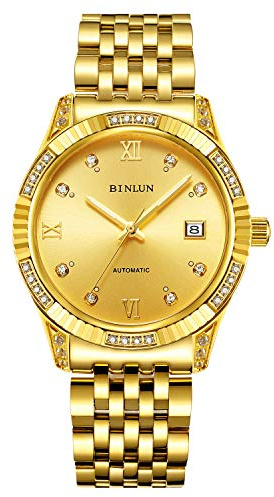 BINLUN Herren Gold Uhren Automatik Armbanduhr leicht lesbares Zifferblatt einfache Uhr Diamant Gold plattiert mechanische Armbanduhr für Männer Leuchtzeiger Armbanduhren（Goldenes Zifferblatt）