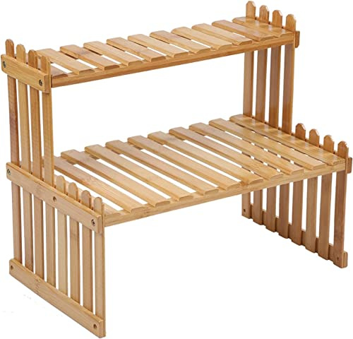 GURECOD 2 Tier Bambus-Pflanzenständer, Schreibtisch-Pflanzenständer, Verstellbarer Schreibtischständer, Büro-Leiterständer, Dekoration, Schreibtischständer, Küchenständer (47cm x 21cm x 30cm)