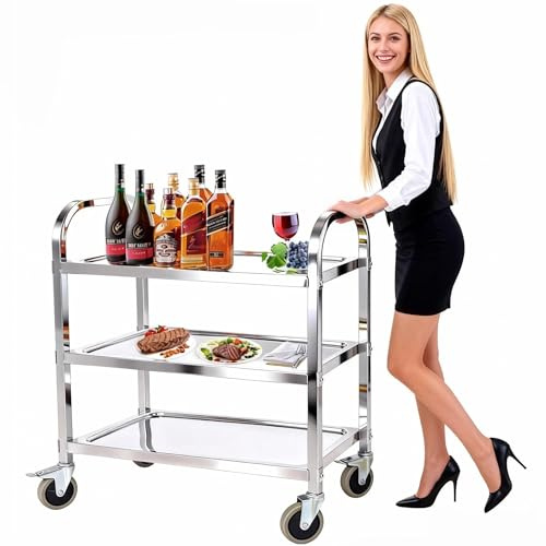 tonchean Stainless Steel Utility Cart 30x16x33 inch 3 Tier Restaurant Carts with Lockable Wheels Serving Rolling Carts for Restaurant Catering Home Commercial Grade & Easy Assembly 400 lbs Capacity