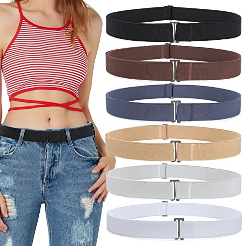 WHIPPY 6 Pack Invisible Elastic Belt for Women Men Adjustable Ladies No Show Belt Flat Metal Buckle Belt for Jeans Trousers Dresses