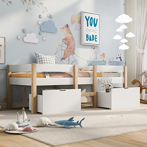 HESHU Kinderbett 90x200 cm, Halbhohes Hochbett mit 2 Größere Schubladen, für Jungen und Mädchen, mit Rausfallschutz und Lattenrost, ohne Matratze, Weiß+Natur