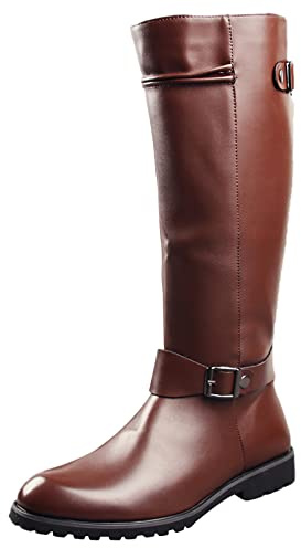 ANUFER Herren Unter dem Knie Stiefel Mikrofaser-Leder Reißverschluss Cowboy Reitstiefel Braun SN0707153 EU44