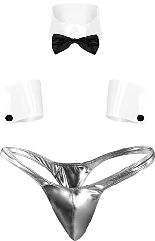 JFAN Tangas Hombre suspensorio Ropa Interior Hombre Sexy Lenceria Men's Carnival Bow Tie Cuffs Tangas Plateado Talla única