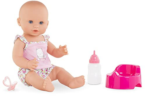Corolle Emma Trink und Näss Badebaby, Vollvinylpuppe mit Schlafaugen, Trink und Nässfunktion, Schnuller, Flasche, Töpfchen, Vanilleduft, 36cm, ab 2 Jahren