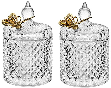 Ezebesta 2PCS Vintage Bathroom Canisters Cute Butterfly Lids Small Thick Clear Glass Jar Set Qtip Holder Dispenser for Cotton Ball & Pads Storage Organization Decor
